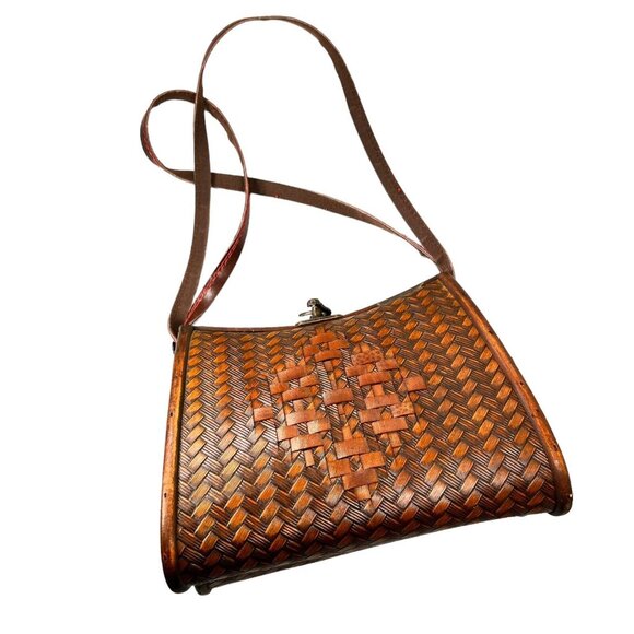 Vintage Wooden & Woven Leather Handbag Purse Brass Latch Hinges Straps - Picture 2 of 16